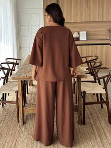 Parysyn Plus Size Casual Commuter Solid Color Shirt And Pants 2 Pieces Set - Brown - View 2