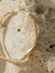 Textured Twist Design Hoop Earrings - Yellow Gold - View 7