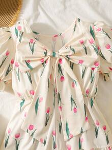 SHEIN Gaun A-line Tanpa Lengan Berkerah V Dalam untuk Anak Perempuan dengan Hiasan Pita, Desain Elegan dan Feminin, Cocok untuk Pesta Musim Panas, Acara Kumpul-kumpul, dan Liburan - Aprikot - View 6