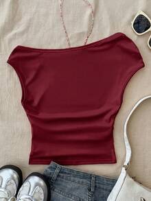Teen Girls' White Knit Casual Minimalist Polka Dot Print Asymmetric Ruched Cropped Top, Suitable For Spring/Summer, Personalized Styling, Daily Wear - Burgundy - View 2