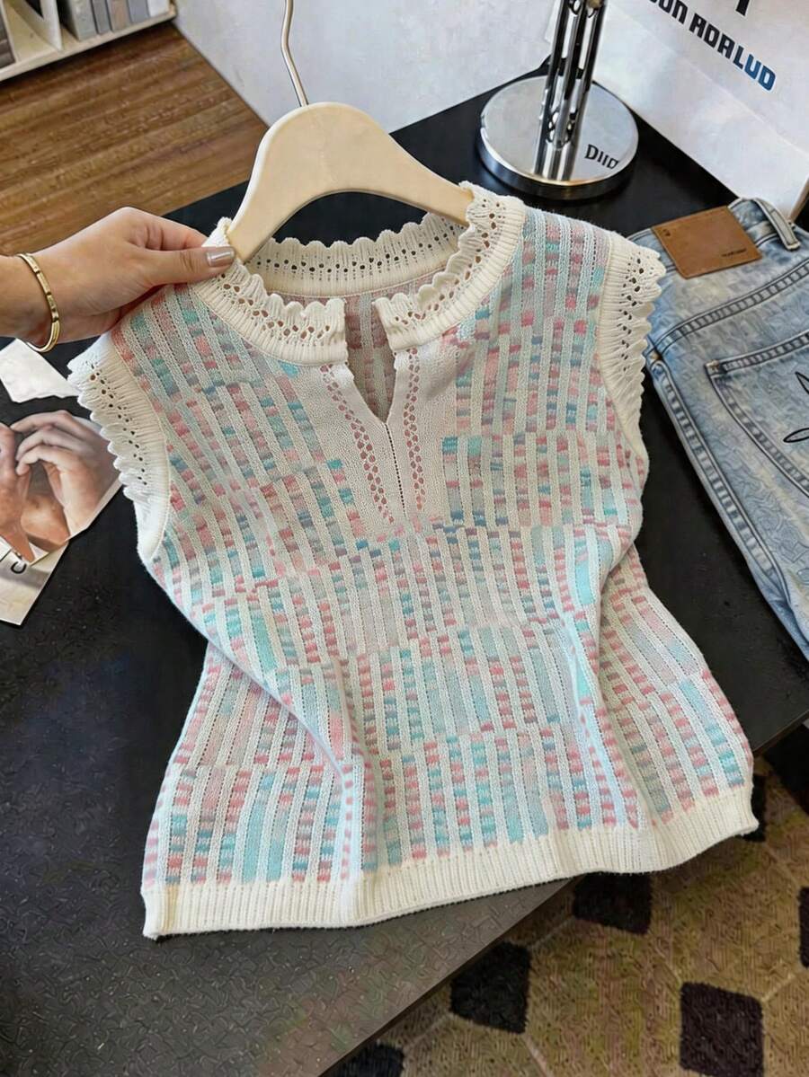GlowEve Áo vest dệt kim không tay khoét lỗ thanh lịch dành cho nữ - Màu xanh bạc hà - Xem 1