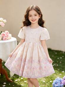 SHEIN Elladie kids Elegantes Sommerkleid für Kleine Mädchen mit Rundhalsausschnitt, Puffärmeln und Falten - Pink - Übersicht 5