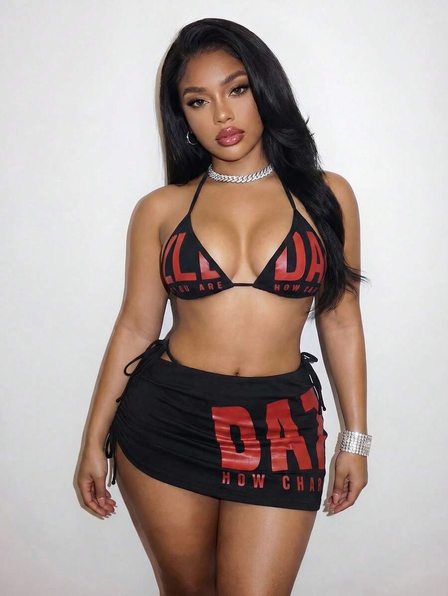 Slaydiva 女士假日沙滩字母印花泳衣套装 - 黑色 - 查看 1