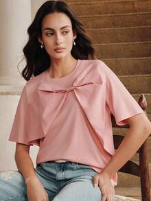 Anewsta Women's Spring Knit Patchwork Bow T-Shirt - Pink - View 7