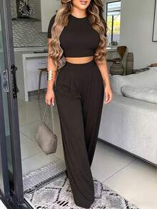 Selianne Donna tuta due pezzi estiva casual con top a maniche corte tinta unita e pantaloni lungo - nero - Visualizzare 3