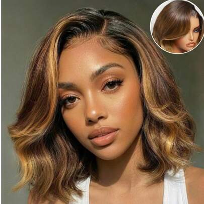 ALL READY WIG Tóc giả ren phía trước 13x4, màu nâu pha vàng mật ong, highlight ôm sát khuôn mặt, kiểu bob gợn sóng, không cần keo dán, có dây rút, thích hợp cho tập luyện, ôm sát, không trượt, dễ tạo kiểu, 100% tóc thật, ren trong suốt, phù hợp cho người mới bắt đầu.