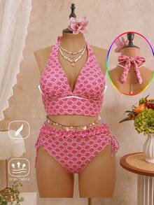 Swim Mod 2026新款加大码女式印花吊带上衣和高腰荷叶边抽绳裤优雅端庄度假两件套泳衣 - 西瓜粉 - 查看 2