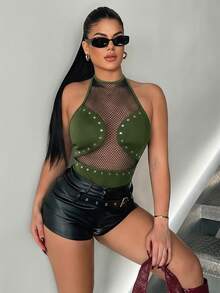 Radiana Women's Summer Army Green Mesh Patchwork Knit Bodysuit,Metal Rivet Decor Fitted Sheer Top,Y2K Streetwear For Concert,Rave,Party,Nightclub&Holiday - Army Green - View 9