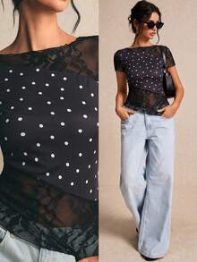 Poéselle Schwarz Spitze Patchwork Polka Punkt Muster asymmetrischer Saum T-Shirt - Schwarz - Übersicht 6
