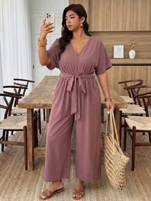 SHEIN CURVE+ Women V-Neck Full Printed Jumpsuit,Casual - Redwood - View 4