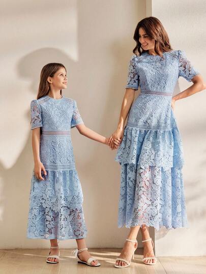  Anewsta Spring/Summer New Round Neck Short Sleeve Sweet Lace Ruffle Hem Girls Dress