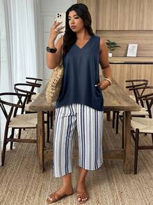 Weeklong Women Plus Size V-Neck Irregular Hem Sleeveless Shirt And Solid Color Capri Pants 2 Pieces Set, Spring/Summer - Multicolor - View 3