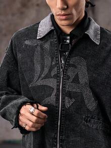 Skyrend Men's Fashionable Distressed Denim Jacket With Rhinestone Letter Print, Casual Streetwear For Daily, Commute Emo Jacket Rhinestone Jacket Vintage Jacket Grunge Jacket Star Jacketemo - Multicolor - View 6