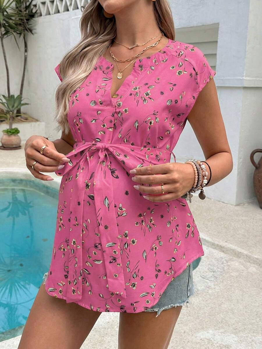SHEIN Áo bầu mùa hè mới 2025, kiểu dáng dệt kim in họa tiết toàn thân, thời trang, phong cách nghỉ mát. - Màu Hồng baby - Xem 1