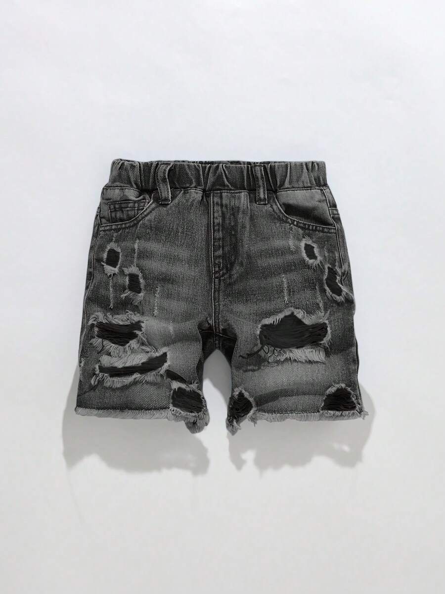 Boys' Summer 80s Denim Shorts,Fashionable Street Style Light Blue Washed Effect Distressed Ripped Details,Elastic Waistband Design,Versatile Fit