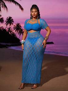 Maweii Conjunto de cubrecuerpo y cubrecuerpo de encaje de unicolor con cuello halter, talla grande, para vacaciones y playa - Azul - Ver 2