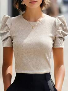 Petal Sleeve Round Neck Tee Red Blouse - Apricot - View 6