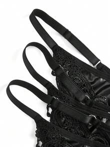 AltCore 3pcs/Set Pakaian Dalam Wanita, Patchwork Kulit PU, Desain Kupu-kupu Besar Bordir di Bagian Depan, Lingerie Seksi untuk Wanita Bertubuh Mungil - Hitam - View 6