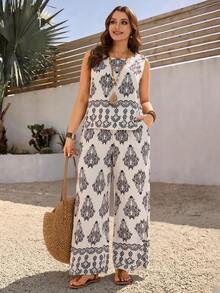 EMERY ROSE Plus Size Women's 2pc Set Summer White Floral Print Vest Top Wide Leg Pants,Boho Elegant Vacation Holiday Outfits Casual Modest Two Piece Vacation - Multicolor - View 4