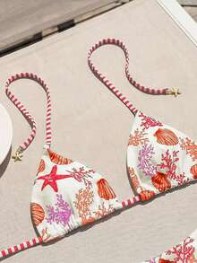 Swim Mod Bộ đồ đi biển thời trang và dễ thương dành cho nữ, áo bikini hai mảnh cổ yếm họa tiết động vật biển và sọc ngẫu nhiên, có thể mặc hai mặt, phù hợp cho đi biển, dự tiệc và kỳ nghỉ. - Nhiều màu - Xem 5
