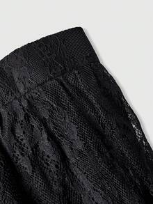 SHEIN MOD 大尺碼女款黑色蕾絲寬腿長褲，休閒日常穿著，適合夏季、音樂節、鄉村音樂會 - 黑色 - 查看 7