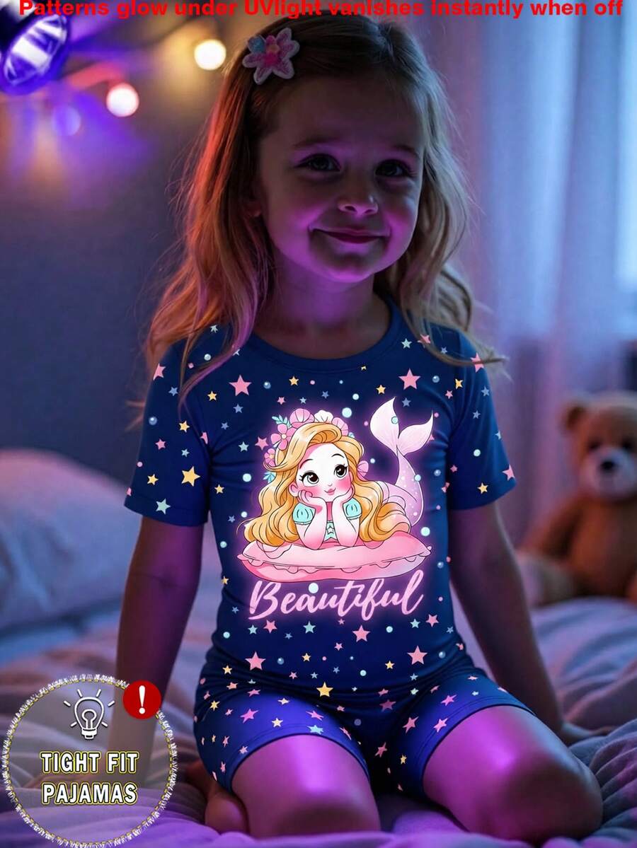 1 Set Young Girls Glow-In-The-Dark Mermaid Print Tight Fit Short Sleeve Top And Shorts Pajama Set - Navy Blue - View 1