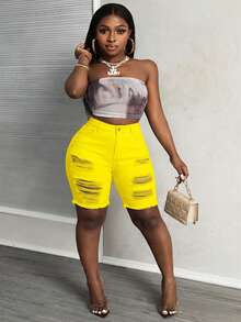 Slaydiva Quần short denim rách có túi và cúc dành cho nữ cỡ lớn, kiểu dáng thường ngày. - Màu vàng - Xem 7