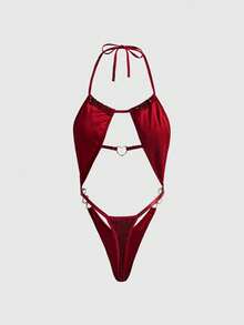 ROMWE Grunge Punk Gothic Punk Sequin Halter Jumpsuit - Burgundy - View 2
