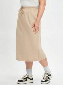 SHEIN BASICS 大尺碼純色打結休閒日常裙 秋季商務度假風 卡其色 - 杏色 - 查看 5