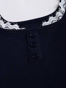 Sweetra Kamisol Kasual Wanita dengan Motif Renda dan Patchwork - Navy Blue - View 6