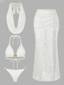 SHEIN Swim Oasis Bộ bikini hai mảnh gợi cảm buộc dây cổ màu trơn dành cho nữ, kèm váy, thích hợp mặc đi biển mùa hè. - trắng - Xem 6