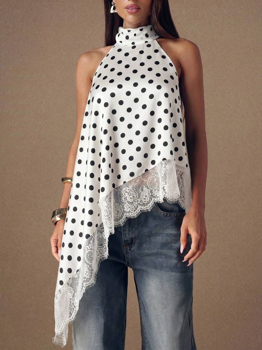 SHEIN BAE Áo không tay cổ yếm, hở lưng, phối ren chấm bi, vạt áo bất đối xứng - trắng - Xem 1