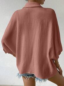 SHEIN Women's Minimalist Casual Solid Color Front Button Textured Drop Shoulder Shirt - Pink - View 2