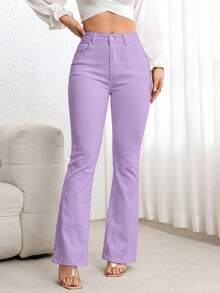 SHEIN PETITE Quần jeans ống loe nữ màu trơn dáng suông có túi xéo - Màu tím - Xem 4