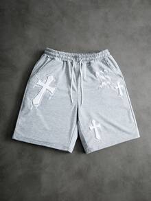 PAVTROS 男士淺灰色夏季街頭風城市度假刺繡圖案毛巾短褲，舒適街頭風休閒外出戶外音樂節禮物 - 淺灰色 - 查看 3