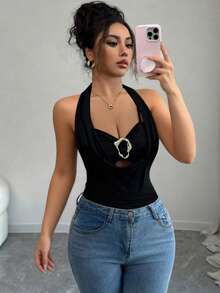 Elenzga Plus Size Women's Elegant Commuter Black Draped Neck Metal Ring Decor Hollow Pleated Waist Sexy Fitted Top, Spring/Summer - Black - View 6