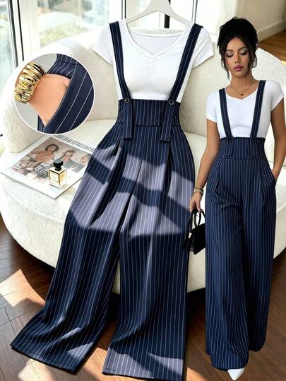 Elenzga Nuevo mono de mujer de estilo francés elegante, de diseño de moda, con cintura ceñida, piernas rectas y anchas, suelto y casual, versátil para uso diario