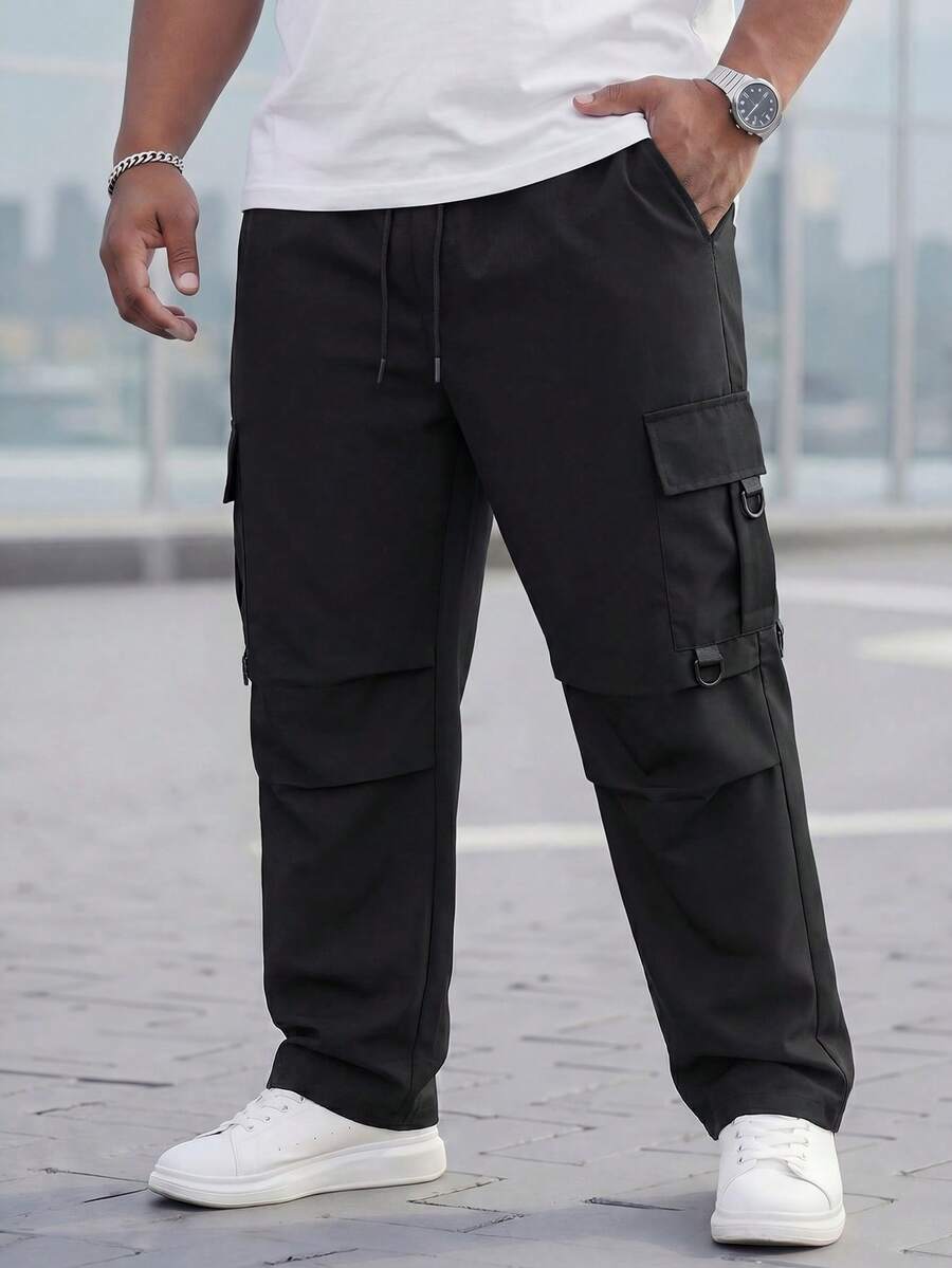 Manfinity Homme 秋季男士大码纯色抽绳腰褶宽松休闲工装裤 - 黑色 - 查看 1