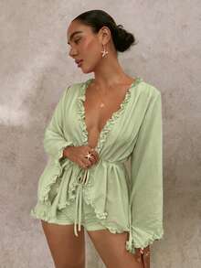 Glamine Women's Spring/Autumn Beach Vacation Solid Color Deep V-Neck Lettuce Trim Flare Sleeve Drawstring Tie Babydoll Top - Green - View 4