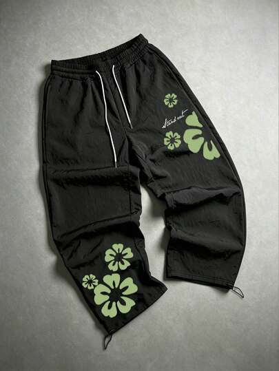 Sport MetroGents Pantalones deportivos casuales para hombres con estampado floral y de letras, con cordón en la cintura, adecuados para vacaciones y uso diario