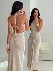 Avantive Women's Orange Summer Elegant Sexy Holiday Vacation Long Dress, Backless Halter Neck Knitted Texture Evening Dresses, 90s Y2k Vintage Party Night Out - Grey - View 1