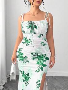 SHEIN Clasi 女款細肩帶洋裝，腰部綁帶、百褶下擺與開衩設計，適合約會、派對與日常穿著，優雅剪裁凸顯女性魅力 - 彩色 - 查看 4