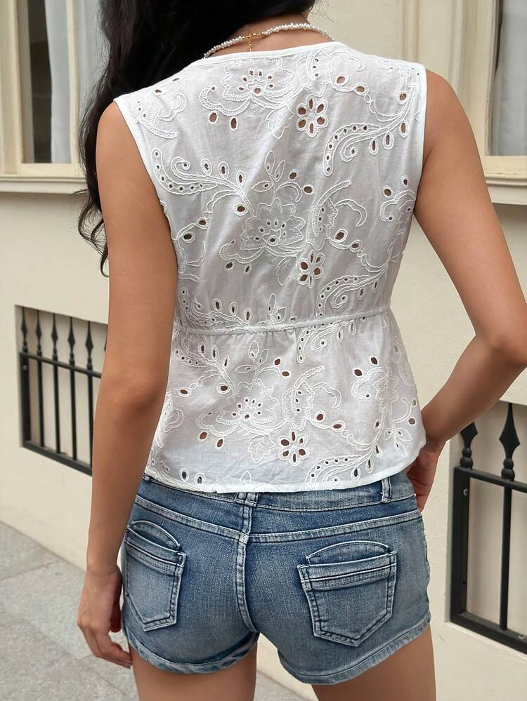 White Lace Sleeveless Blouse, Casual Vacation Style, Spring & Summer