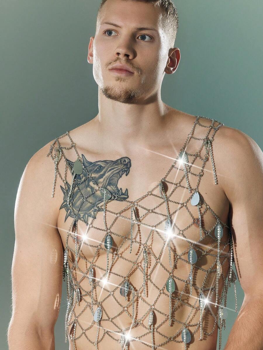 FeverCity Chaleco sexy con cadena hecha a mano y con aplicaciones de strass huecas para hombre - Plateado - Ver 1