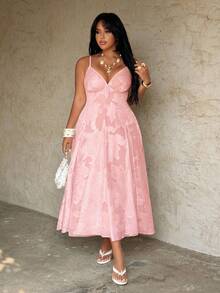Rustia Pastel Pink Summer Elegant Tea Party French Chiffon 3D Floral Cut-Out Sleeveless Belted A-Line Maxi Dress,Plus Size Women Vacation Picnic Party Gown - Baby Pink - View 4