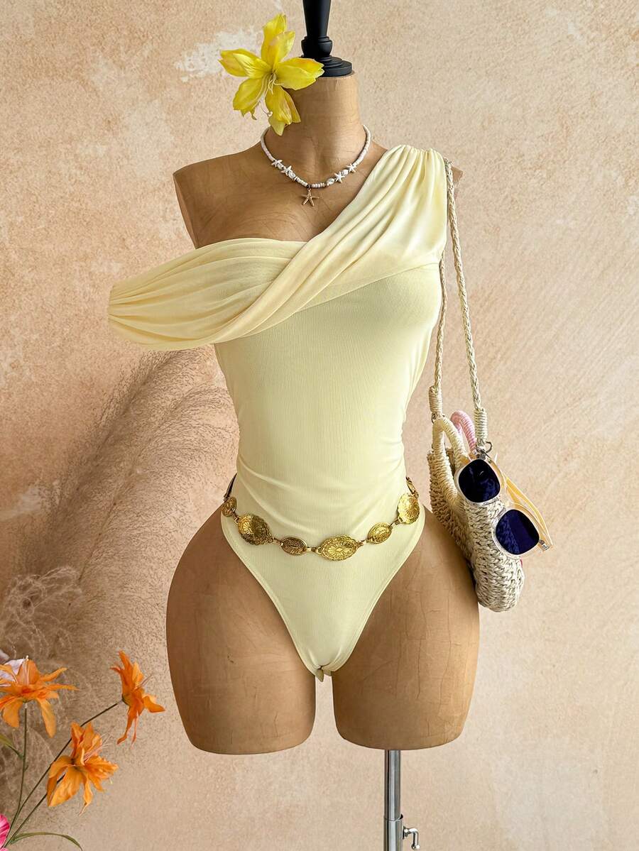 Soleia 女士优雅时尚褶皱不对称性感连体衣 - 鵝黃色 - 查看 1