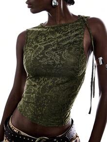 LYSMO Women's Cashew Pattern Sleeveless Crew Neck Fashion Top - Olive Green - View 5