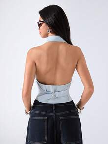 LYSMO 2026 Nou sosit, minimalist, primăvară/vară, cămașă sexy pentru femei cu nasturi în față, fără spate, cu bretele halter, top de vară - Bleu - Vizualizare 2