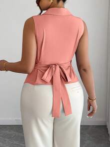 Elenzga Plus Size V-Neck Elegant Tie-Waist Sleeveless Blouse - Coral Orange - View 2