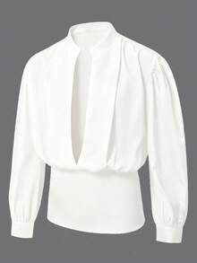 Manfinity AFTRDRK Men's Solid Color Deep V-Neck Drop Shoulder Long Sleeve Minimalist Design Shirt, Formal - White - View 3